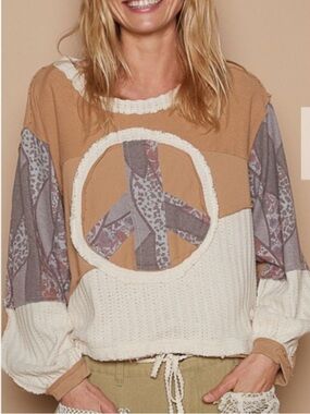 POL Boho Sweatshirt Latte Peace Size L Oversized Patchwork Frayed Edges
